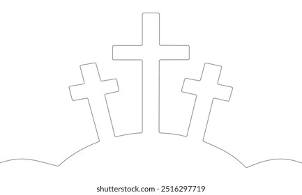 The cross is one line. Three crosses on the hill are drawn with one line. Vector graphics