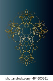 Cross ornament - golden ornamental line art decorative cross on a blue background, vintage elegant vector illustration