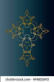 Cross ornament - golden ornamental line art decorative cross on a blue background, vintage elegant vector illustration