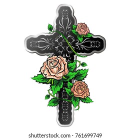 Cross with ornament and with roses vector