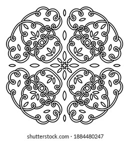 Cross ornament of swirling lines and leaves. Decorative element for the cover of the book, postcards, t-shirts. Illustration for coloring.