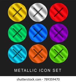 Cross out mark 9 color metallic chromium icon or logo set including gold and silver