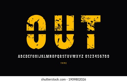 Cross out sans serif font. Letters and numbers with vintage texture for logo and emblem design. Color print on black background