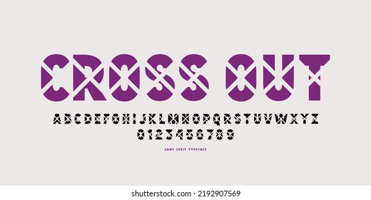Cross out sans serif font. Letters and numbers for logo and emblem design. Color print on white background