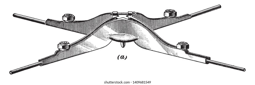 Cross over where two different lines of trolley wire cross at right angles, vintage line drawing or engraving illustration.