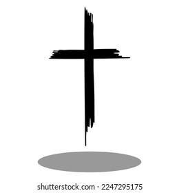 Cross painted brushes. Church of Jesus Christ logo. Hand drawn black grunge cross icon, simple Christian cross sign, hand-painted cross symbol isolated on white background.