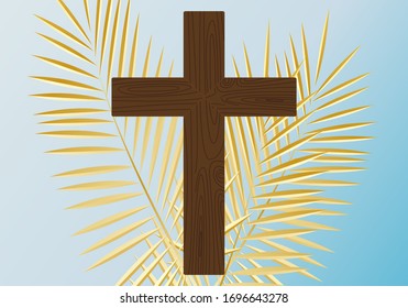 Cross and palm branches. Easter. Illustration of the wind. The symbol of salvation. Hope.