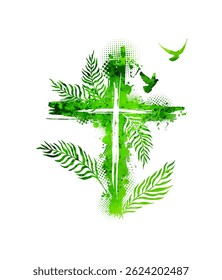 Cross with palm leaves. hand drawn. Not AI, Vector.