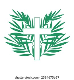 Cross with palm tree branches. Palm Sunday.