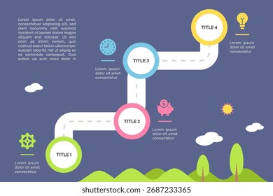 Cross Path Roadmap Infographic with Four Steps and Nature Scene Vector Illustration