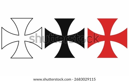 cross pattee or cross patty, also known as a cross formee,cross formy symbol set in outline, silhouette and red style, heraldic medieval cross, templar emblem, gothic religious sign used in design. 