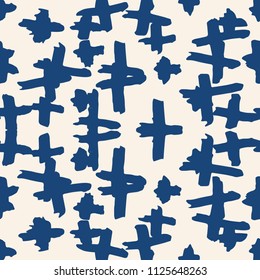 Cross pattern. Blue white geometric seamless texture. Flat vector design print. Mimimalistic graphic repeating tile. Kimono background. Stylish abstract linear ornament