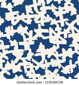Cross pattern. Blue white geometric seamless texture. Monochrome design print. Trendy graphic repeating print. Watercolor geometry background. Stylish abstract linear ornament