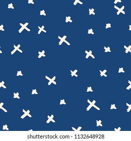 Cross pattern. Blue white geometric seamless texture. Hipster fashion design print. Japanese graphic repeating tile. Ink hand drawn geometry background. Stylish abstract linear ornament. 
