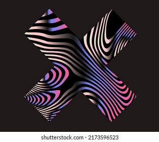 Cross with pattern of glitched and distorted holographic lines. Abstract geometric illustration for poster or logotype.