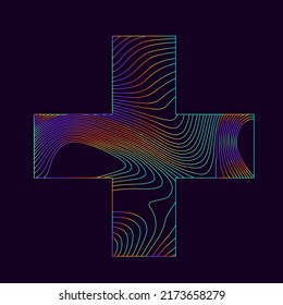 Cross with pattern of glitched and distorted holographic lines. Abstract geometric illustration for poster or logotype.