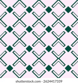 Patrón cruzado de forma étnica geométrica verde sobre fondo rosa. Concepto de rejilla, abstracto, cuadrado, motivos, vintage, píxel, retro, moda clásica para impresión sin costuras, textiles, Fondo de pantalla, decoración.
