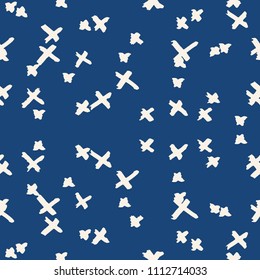 Cross pattern. Indigo geometric seamless texture. Monochrome design print. Trendy graphic repeating print. Ink hand drawn geometry background. Modern abstract linear ornament. 