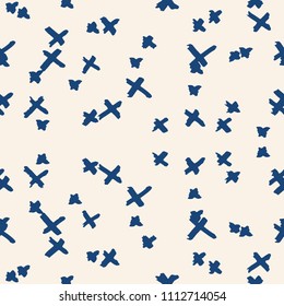 Cross pattern. Indigo geometric seamless texture. Flat vector design print. Mimimalistic graphic repeating tile. Kimono background. Stylish abstract linear ornament. 
