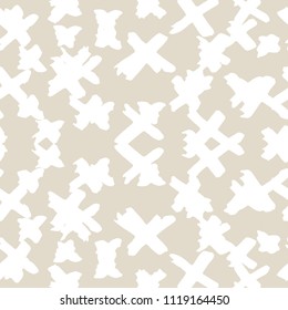 Cross pattern. White ivory geometric seamless texture. Monochrome vector design print. Futuristic graphic repeating tile. Ink hand drawn geometry background. Modern abstract linear ornament. 