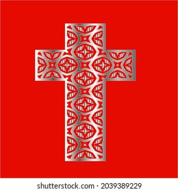 
cross with patterns of metal on a red background. 