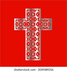 
cross with patterns of metal on a red background. 