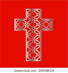 
cross with patterns of metal on a red background. 