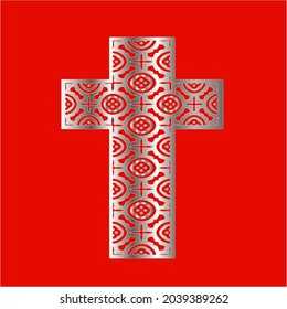 
cross with patterns of metal on a red background. 