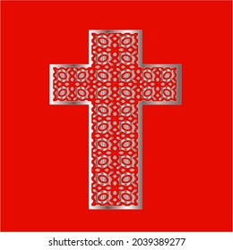 
cross with patterns of metal on a red background. 