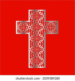 
cross with patterns of metal on a red background. 