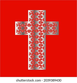 
cross with patterns of metal on a red background. 
