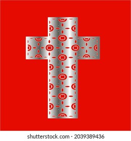 
cross with patterns of metal on a red background. 
