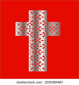 
cross with patterns of metal on a red background. 