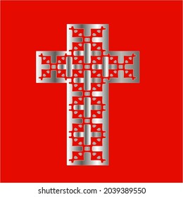 
cross with patterns of metal on a red background. 