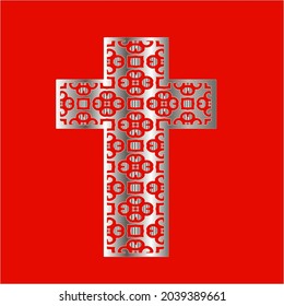 
cross with patterns of metal on a red background. 