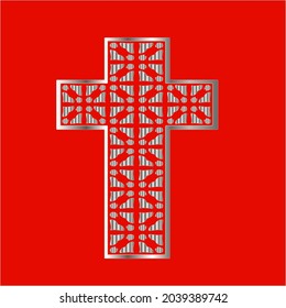 
cross with patterns of metal on a red background. 
