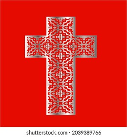
cruza con patrones de metal sobre un fondo rojo. 