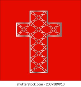 
cross with patterns of metal on a red background. 