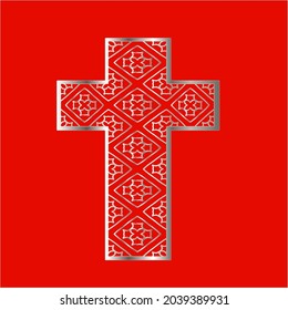 
cross with patterns of metal on a red background. 