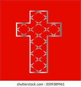 
cross with patterns of metal on a red background. 