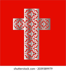 
cross with patterns of metal on a red background. 