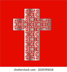 
cross with patterns of metal on a red background. 