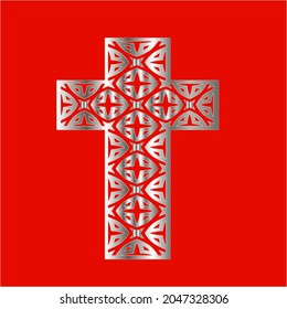cross with patterns of metal on a red background. 