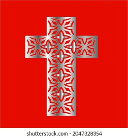 cross with patterns of metal on a red background. 
