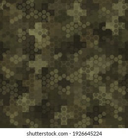 Cross pavement ornament seamless pattern. Abstract tribal khaki backdrop image with hex shapes. Camouflage mosaics wallpaper background. Vector geometrical textile print, web design artwork.