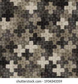 Cross pavement ornament seamless pattern. Abstract tribal khaki backdrop image with hex shapes. Camouflage mosaics wallpaper background. Vector geometrical textile print, web design artwork.