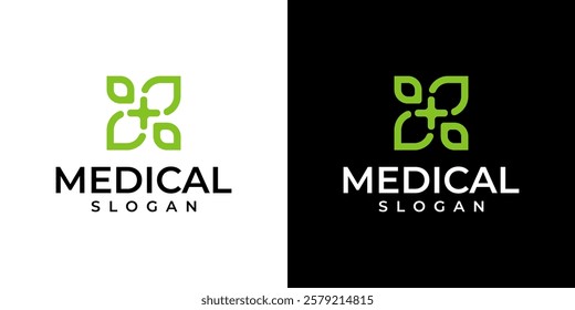 Cross Pharmacy Logo Vector with Organic Leaves for Medical Design.