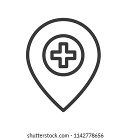 cross and pin, location or navigation of clinic or hospital outline icon