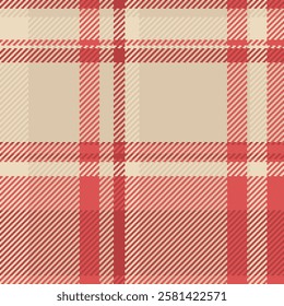 Cross plaid texture background, scotland vector seamless textile. Striped check fabric pattern tartan in light and red colors.