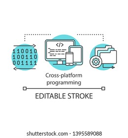 Cross Platform App Programming Concept Icon. Software Development Business. Application Engineering Idea Thin Line Illustration. Computer Technology. Vector Isolated Outline Drawing. Editable Stroke